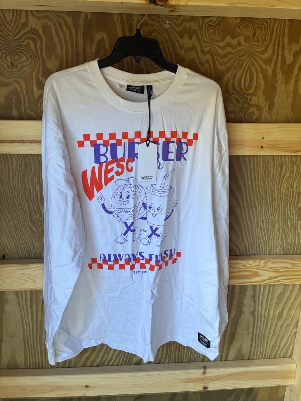 WeSC White Long Sleeve Tee with Purple & Orange Burger Graphic